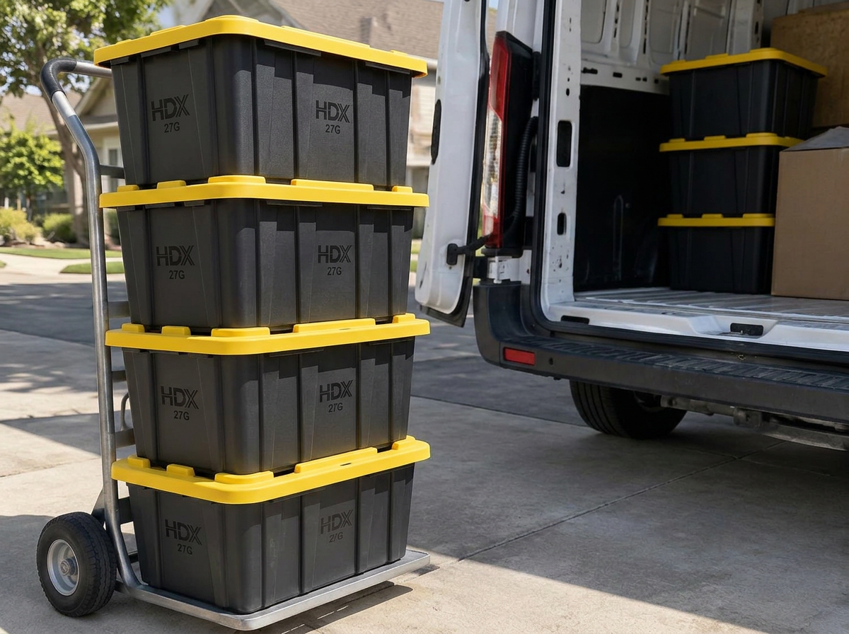 Black moving bins with yellow lids stacked on a dolly next to a delivery van